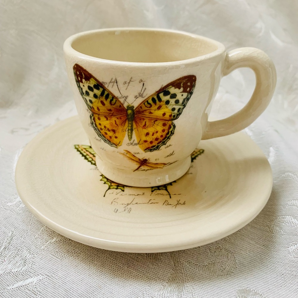 Butterfly Dragonfly Cup And Saucer Tea light/votive Holder ? Unmarked Cottage